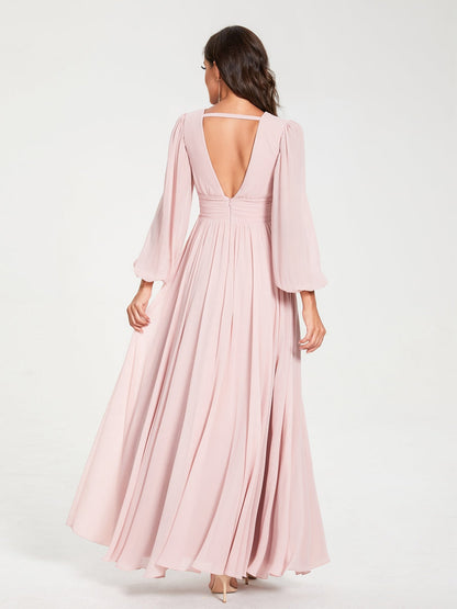 A-Linie/Princess-Linie Chiffon V-Ausschnitt Lange Ärmel Seitlicher Schlitz Bodenlang mit Taschen Brautjungfernkleider