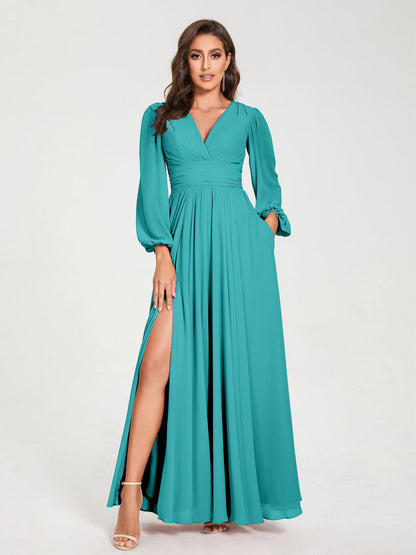 A-Linie/Princess-Linie Chiffon V-Ausschnitt Lange Ärmel Seitlicher Schlitz Bodenlang mit Taschen Brautjungfernkleider