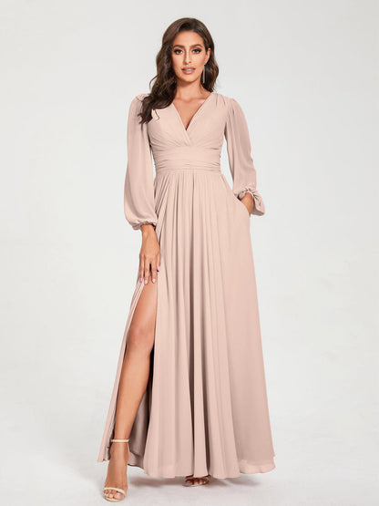 A-Linie/Princess-Linie Chiffon V-Ausschnitt Lange Ärmel Seitlicher Schlitz Bodenlang mit Taschen Brautjungfernkleider