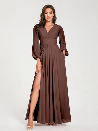A-Linie/Princess-Linie Chiffon V-Ausschnitt Lange Ärmel Seitlicher Schlitz Bodenlang mit Taschen Brautjungfernkleider