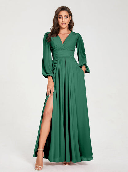 A-Linie/Princess-Linie Chiffon V-Ausschnitt Lange Ärmel Seitlicher Schlitz Bodenlang mit Taschen Brautjungfernkleider