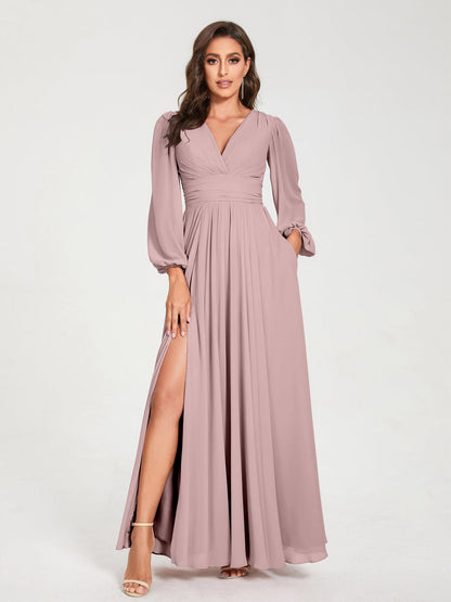 A-Linie/Princess-Linie Chiffon V-Ausschnitt Lange Ärmel Seitlicher Schlitz Bodenlang mit Taschen Brautjungfernkleider