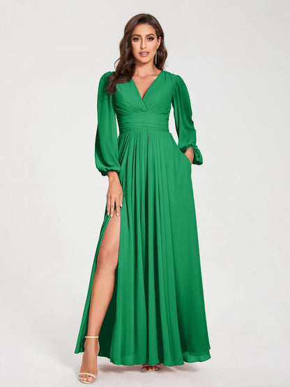 A-Linie/Princess-Linie Chiffon V-Ausschnitt Lange Ärmel Seitlicher Schlitz Bodenlang mit Taschen Brautjungfernkleider