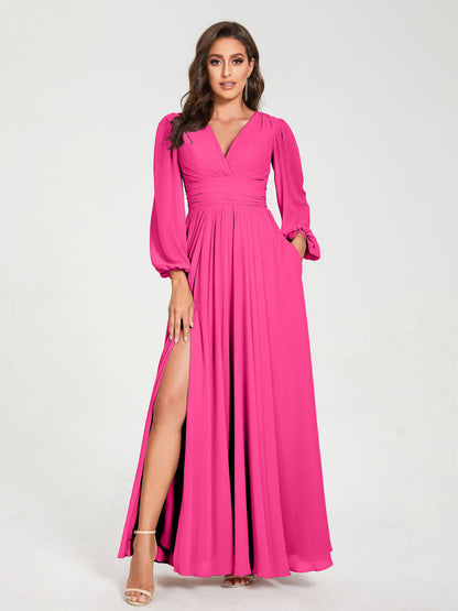 A-Linie/Princess-Linie Chiffon V-Ausschnitt Lange Ärmel Seitlicher Schlitz Bodenlang mit Taschen Brautjungfernkleider