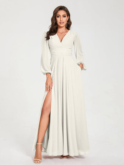 A-Linie/Princess-Linie Chiffon V-Ausschnitt Lange Ärmel Seitlicher Schlitz Bodenlang mit Taschen Brautjungfernkleider