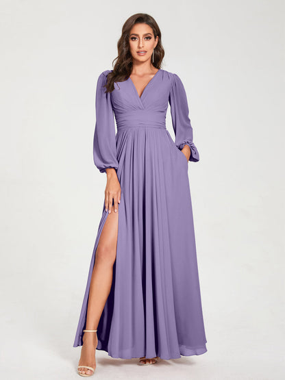 A-Linie/Princess-Linie Chiffon V-Ausschnitt Lange Ärmel Seitlicher Schlitz Bodenlang mit Taschen Brautjungfernkleider