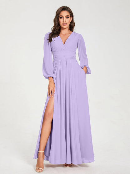 A-Linie/Princess-Linie Chiffon V-Ausschnitt Lange Ärmel Seitlicher Schlitz Bodenlang mit Taschen Brautjungfernkleider