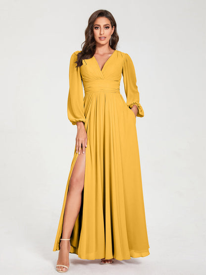 A-Linie/Princess-Linie Chiffon V-Ausschnitt Lange Ärmel Seitlicher Schlitz Bodenlang mit Taschen Brautjungfernkleider
