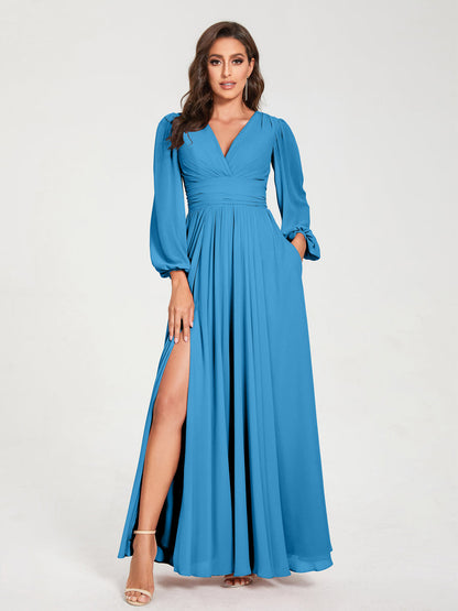 A-Linie/Princess-Linie Chiffon V-Ausschnitt Lange Ärmel Seitlicher Schlitz Bodenlang mit Taschen Brautjungfernkleider