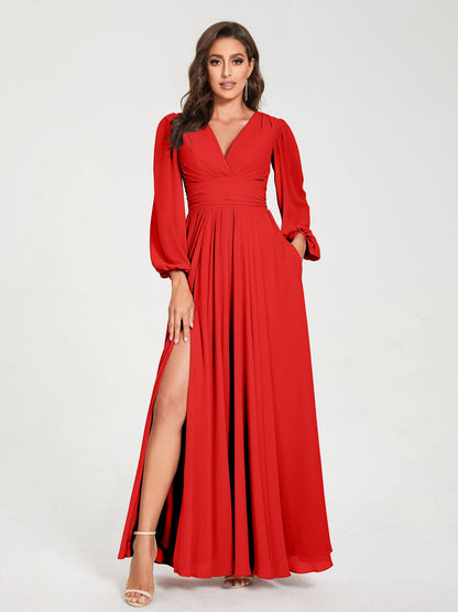 A-Linie/Princess-Linie Chiffon V-Ausschnitt Lange Ärmel Seitlicher Schlitz Bodenlang mit Taschen Brautjungfernkleider
