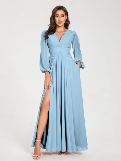 A-Linie/Princess-Linie Chiffon V-Ausschnitt Lange Ärmel Seitlicher Schlitz Bodenlang mit Taschen Brautjungfernkleider