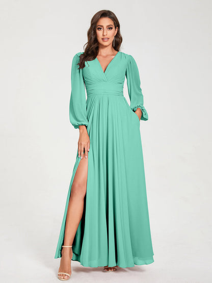 A-Linie/Princess-Linie Chiffon V-Ausschnitt Lange Ärmel Seitlicher Schlitz Bodenlang mit Taschen Brautjungfernkleider