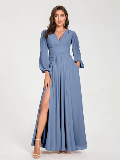 A-Linie/Princess-Linie Chiffon V-Ausschnitt Lange Ärmel Seitlicher Schlitz Bodenlang mit Taschen Brautjungfernkleider