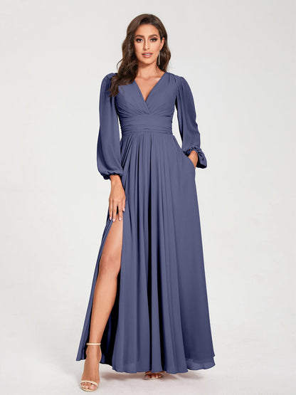 A-Linie/Princess-Linie Chiffon V-Ausschnitt Lange Ärmel Seitlicher Schlitz Bodenlang mit Taschen Brautjungfernkleider