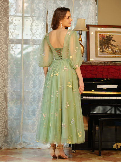 A-Linie/Prinzessin-Abschlussballkleid aus Tüll mit V-Ausschnitt Schleife Und Stickerei