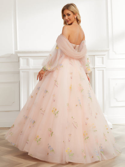 Lange Ballkleid-Abschlussballkleider aus Tüll mit Herzförmiger Stickerei Und Abnehmbarem Schal Und Ärmeln