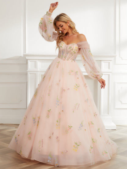 Lange Ballkleid-Abschlussballkleider aus Tüll mit Herzförmiger Stickerei Und Abnehmbarem Schal Und Ärmeln