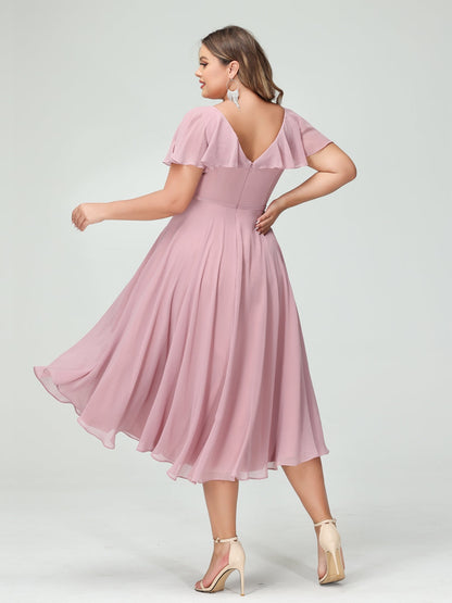 A-Linie/Prinzessin V-Ausschnitt Kurze Ärmel Chiffon Rüschen Hoch-Tief Übergröße Brautjungfernkleider mit Taschen