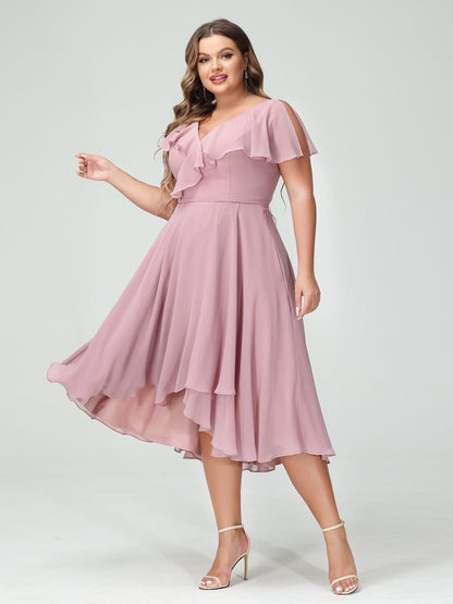 A-Linie/Prinzessin V-Ausschnitt Kurze Ärmel Chiffon Rüschen Hoch-Tief Übergröße Brautjungfernkleider mit Taschen