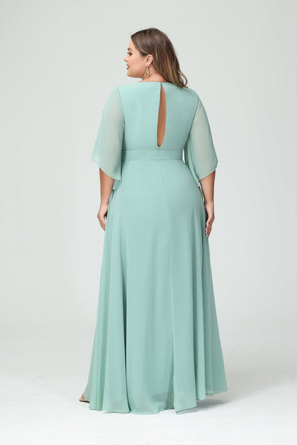 A-Linie/Prinzessin V-Ausschnitt Lange Ärmel Chiffon Seitlich Geschlitzt Übergröße Brautjungfernkleider mit Taschen Gürtel
