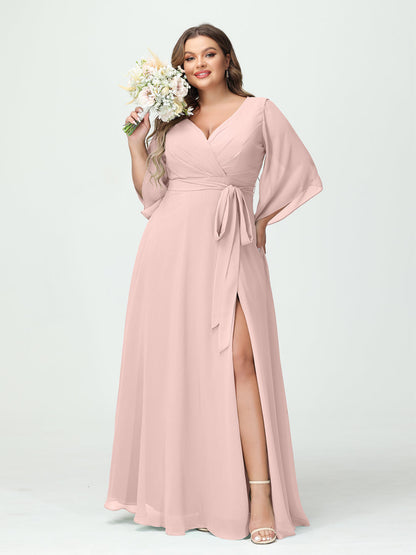 A-Linie/Prinzessin V-Ausschnitt Lange Ärmel Chiffon Seitlich Geschlitzt Übergröße Brautjungfernkleider mit Taschen Gürtel