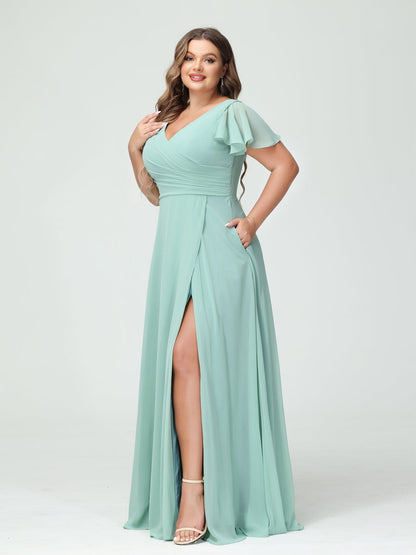A-Linie/Prinzessin V-Ausschnitt Kurze Ärmel Chiffon Seitlich Geschlitzt Übergröße Brautjungfernkleider mit Taschen