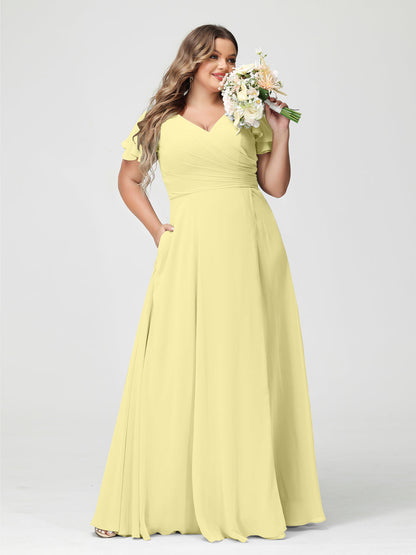A-Linie/Prinzessin V-Ausschnitt Kurze Ärmel Chiffon Seitlich Geschlitzt Übergröße Brautjungfernkleider mit Taschen