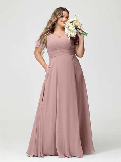 A-Linie/Prinzessin V-Ausschnitt Kurze Ärmel Chiffon Seitlich Geschlitzt Übergröße Brautjungfernkleider mit Taschen