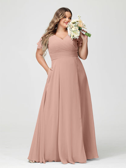 A-Linie/Prinzessin V-Ausschnitt Kurze Ärmel Chiffon Seitlich Geschlitzt Übergröße Brautjungfernkleider mit Taschen