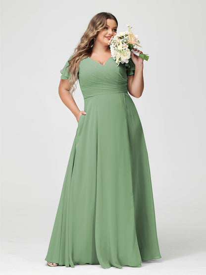 A-Linie/Prinzessin V-Ausschnitt Kurze Ärmel Chiffon Seitlich Geschlitzt Übergröße Brautjungfernkleider mit Taschen
