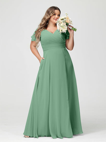 A-Linie/Prinzessin V-Ausschnitt Kurze Ärmel Chiffon Seitlich Geschlitzt Übergröße Brautjungfernkleider mit Taschen