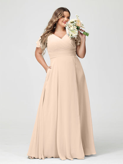 A-Linie/Prinzessin V-Ausschnitt Kurze Ärmel Chiffon Seitlich Geschlitzt Übergröße Brautjungfernkleider mit Taschen