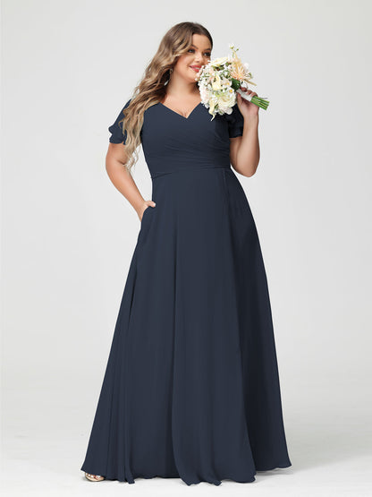 A-Linie/Prinzessin V-Ausschnitt Kurze Ärmel Chiffon Seitlich Geschlitzt Übergröße Brautjungfernkleider mit Taschen