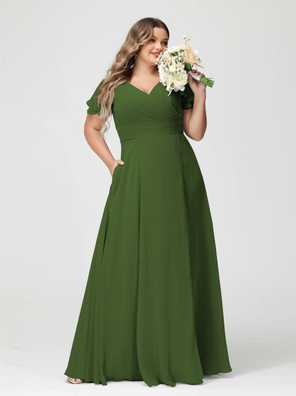 A-Linie/Prinzessin V-Ausschnitt Kurze Ärmel Chiffon Seitlich Geschlitzt Übergröße Brautjungfernkleider mit Taschen