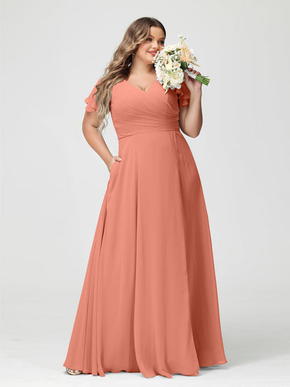 A-Linie/Prinzessin V-Ausschnitt Kurze Ärmel Chiffon Seitlich Geschlitzt Übergröße Brautjungfernkleider mit Taschen