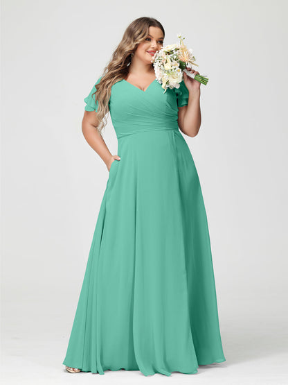 A-Linie/Prinzessin V-Ausschnitt Kurze Ärmel Chiffon Seitlich Geschlitzt Übergröße Brautjungfernkleider mit Taschen