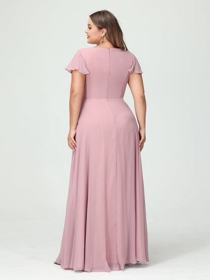 A-Linie/Prinzessin V-Ausschnitt Kurze Ärmel Chiffon Rüschen Seitlich Geschlitzt Brautjungfernkleider In Übergröße mit Taschen