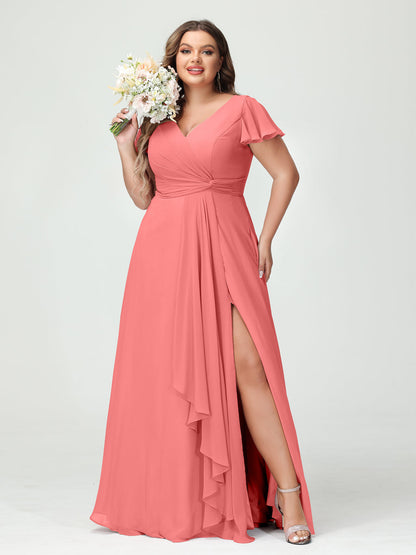 A-Linie/Prinzessin V-Ausschnitt Kurze Ärmel Chiffon Rüschen Seitlich Geschlitzt Brautjungfernkleider In Übergröße mit Taschen