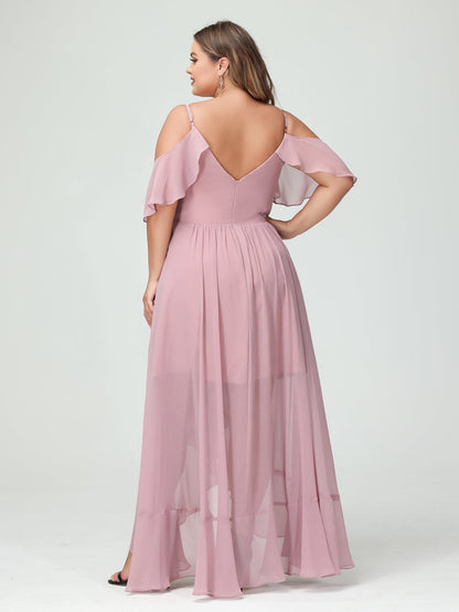A-Linie/Princess-Linie Spaghettiträger V-Ausschnitt Kurze Ärmel Chiffon Rüschen Asymmetrisch Brautjungfernkleider In Übergröße