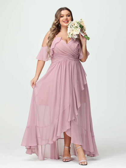 A-Linie/Princess-Linie Spaghettiträger V-Ausschnitt Kurze Ärmel Chiffon Rüschen Asymmetrisch Brautjungfernkleider In Übergröße