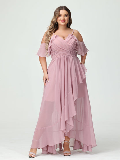 A-Linie/Princess-Linie Spaghettiträger V-Ausschnitt Kurze Ärmel Chiffon Rüschen Asymmetrisch Brautjungfernkleider In Übergröße