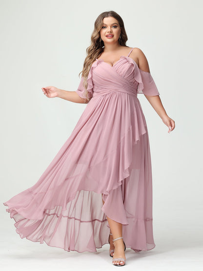 A-Linie/Princess-Linie Spaghettiträger V-Ausschnitt Kurze Ärmel Chiffon Rüschen Asymmetrisch Brautjungfernkleider In Übergröße