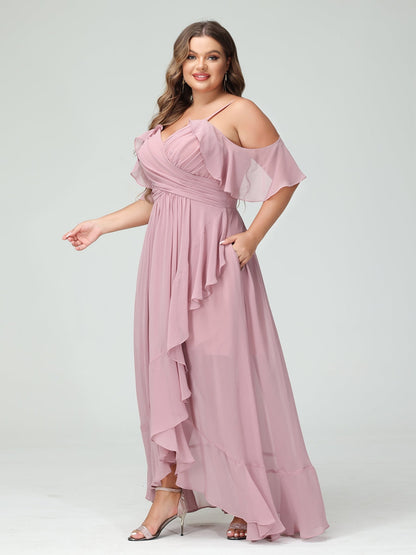 A-Linie/Princess-Linie Spaghettiträger V-Ausschnitt Kurze Ärmel Chiffon Rüschen Asymmetrisch Brautjungfernkleider In Übergröße