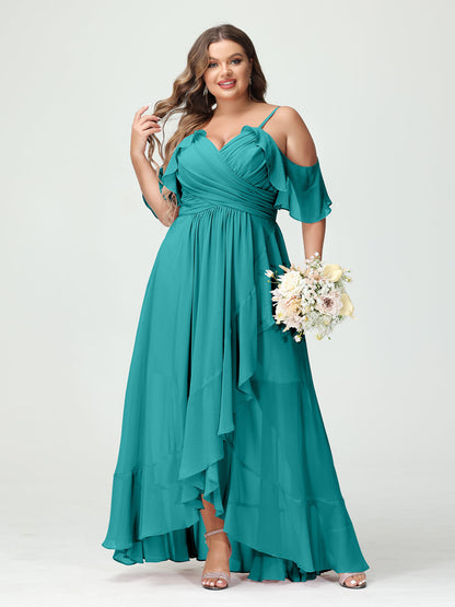 A-Linie/Princess-Linie Spaghettiträger V-Ausschnitt Kurze Ärmel Chiffon Rüschen Asymmetrisch Brautjungfernkleider In Übergröße