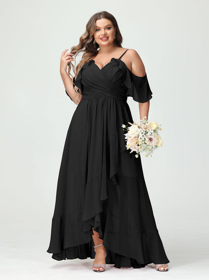 A-Linie/Princess-Linie Spaghettiträger V-Ausschnitt Kurze Ärmel Chiffon Rüschen Asymmetrisch Brautjungfernkleider In Übergröße