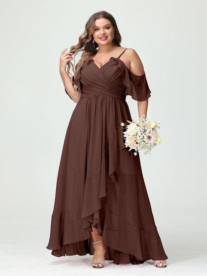 A-Linie/Princess-Linie Spaghettiträger V-Ausschnitt Kurze Ärmel Chiffon Rüschen Asymmetrisch Brautjungfernkleider In Übergröße