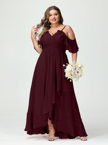 A-Linie/Princess-Linie Spaghettiträger V-Ausschnitt Kurze Ärmel Chiffon Rüschen Asymmetrisch Brautjungfernkleider In Übergröße