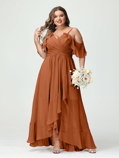 A-Linie/Princess-Linie Spaghettiträger V-Ausschnitt Kurze Ärmel Chiffon Rüschen Asymmetrisch Brautjungfernkleider In Übergröße