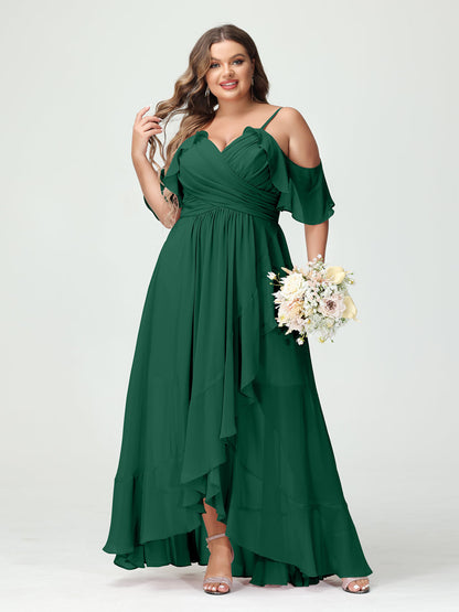 A-Linie/Princess-Linie Spaghettiträger V-Ausschnitt Kurze Ärmel Chiffon Rüschen Asymmetrisch Brautjungfernkleider In Übergröße