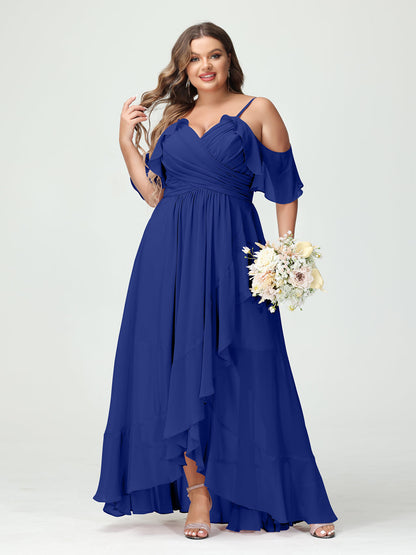 A-Linie/Princess-Linie Spaghettiträger V-Ausschnitt Kurze Ärmel Chiffon Rüschen Asymmetrisch Brautjungfernkleider In Übergröße